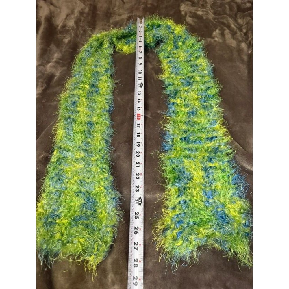 Handmade Fuzzy Crochet Scarf Lime Green Blue Y2K Fairy Grunge Dopamine Eyelash - Picture 7 of 7
